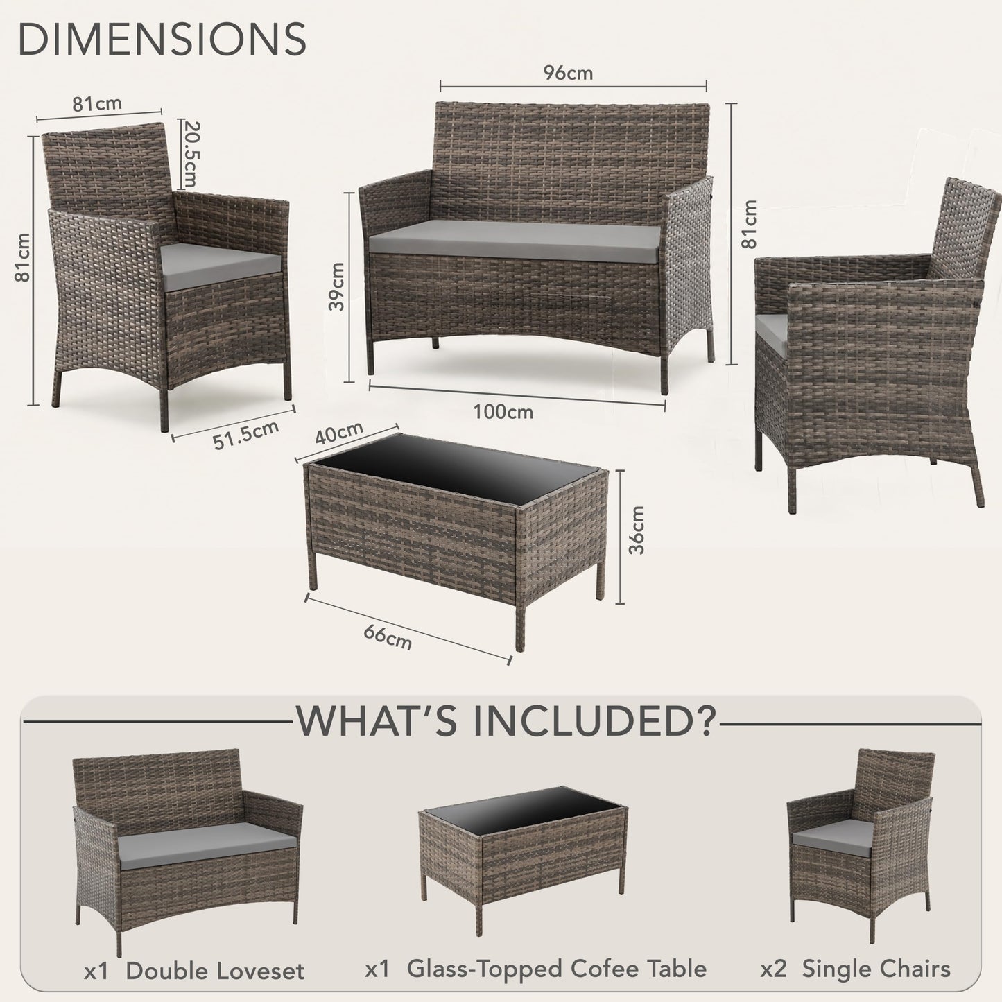 4 Seater Outdoor Rattan Sofa & Chair Set with Tempered Glass Table