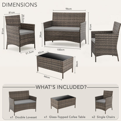 4 Seater Outdoor Rattan Sofa & Chair Set with Tempered Glass Table