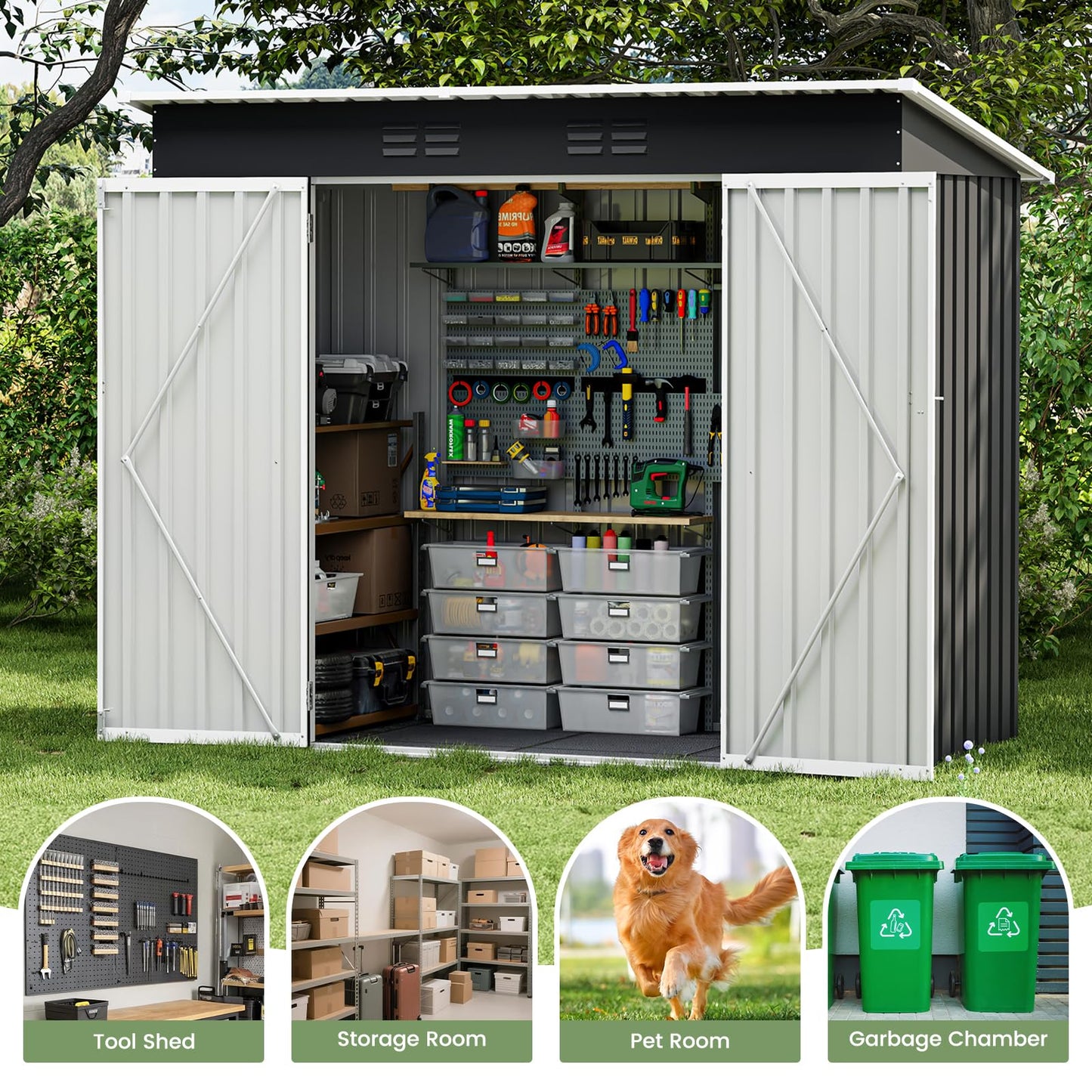 8 x 4ft Galvanised Metal Garden Storage Shed with Lockable Door