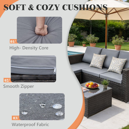 4 Seater Rattan Garden Corner Sofa Set with Ottoman & Glass Coffee Table
