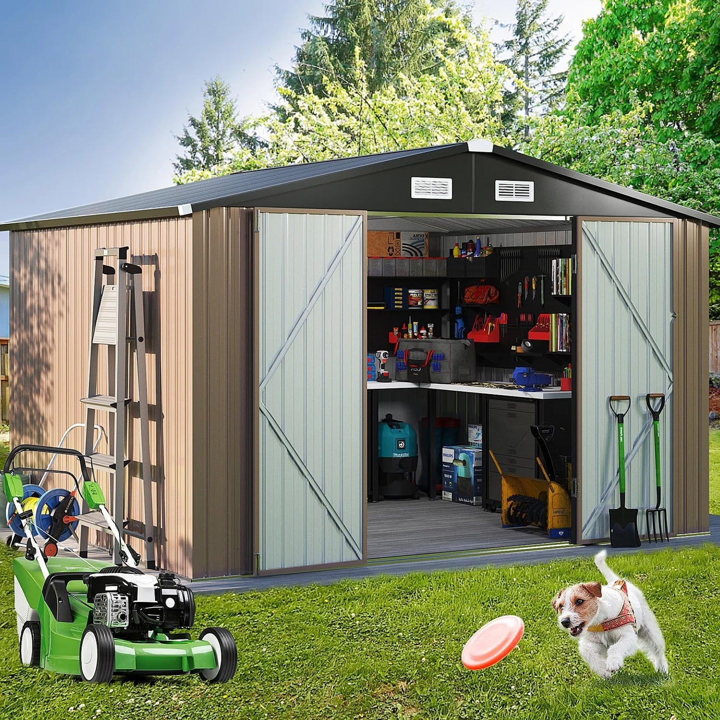 10 x 8ft Large Galvanised Metal Garden Storage Shed with Lockable Doors