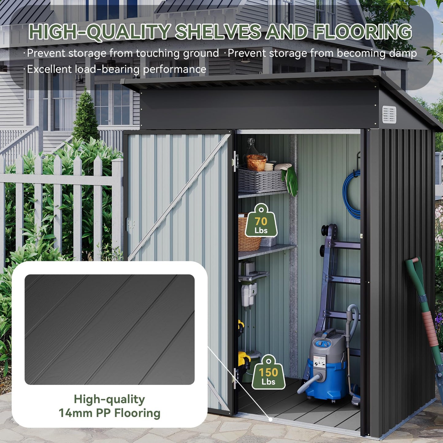 5 x 3ft Galvanised Metal Garden Storage Shed with Floor & Adjustable Shelves