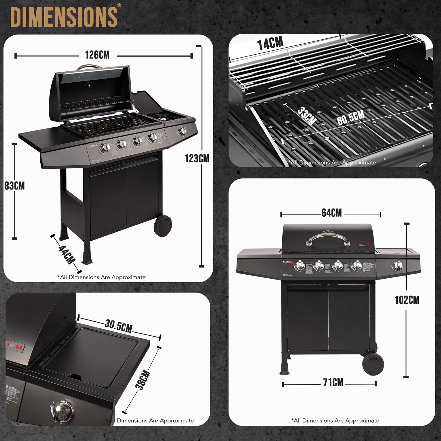 5 Burner Gas Barbecue Grill with Side Burner, Warming Rack & Storage