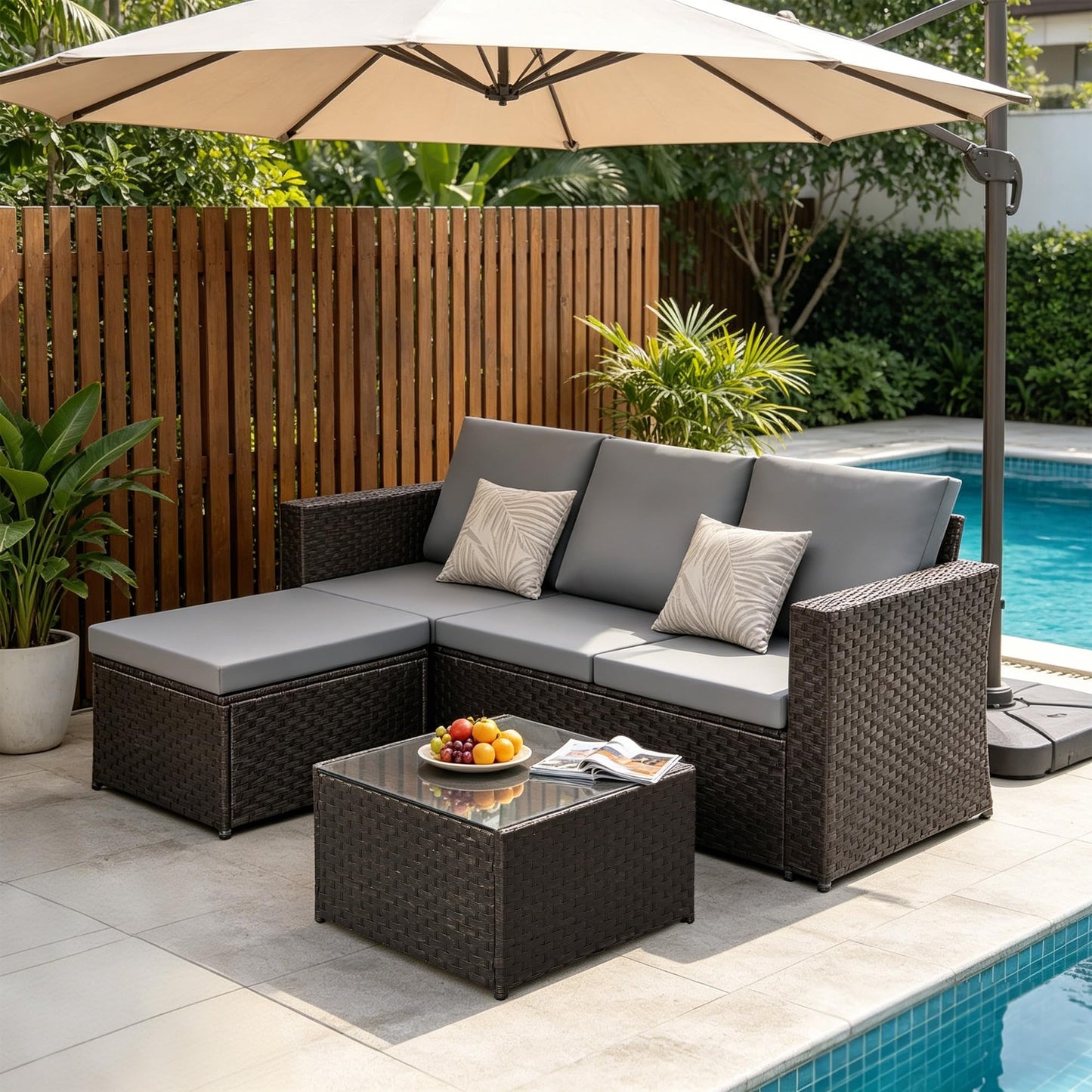 4 Seater Rattan Garden Corner Sofa Set with Ottoman & Glass Coffee Table