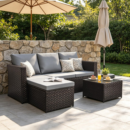 4 Seater Rattan Garden Corner Sofa Set with Ottoman & Glass Coffee Table