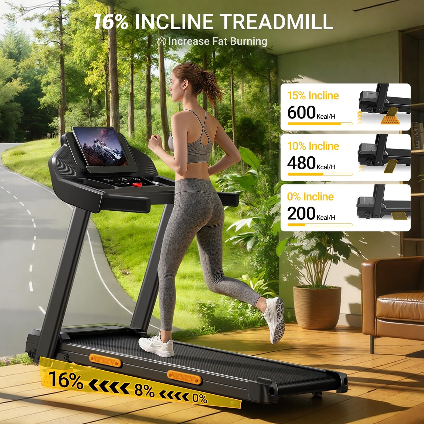 Folding Treadmill with 16% Incline, 3HP Motor, 12km/h Speed & Multi-Function Display