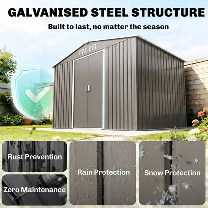 9 x 6ft Galvanised Metal Garden Storage Shed with Double Doors & Foundation Kit