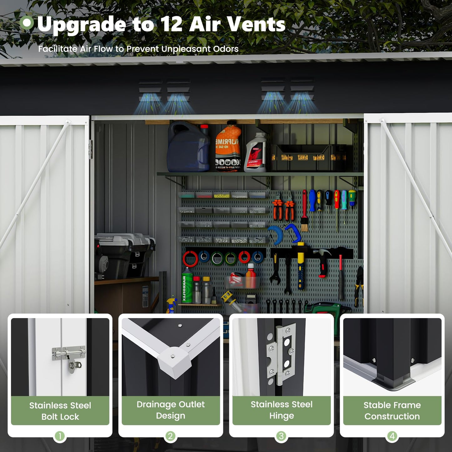 8 x 4ft Galvanised Metal Garden Storage Shed with Lockable Door