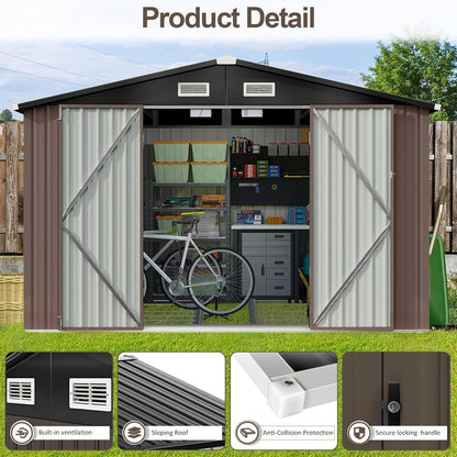 10 x 8ft Large Galvanised Metal Garden Storage Shed with Lockable Doors