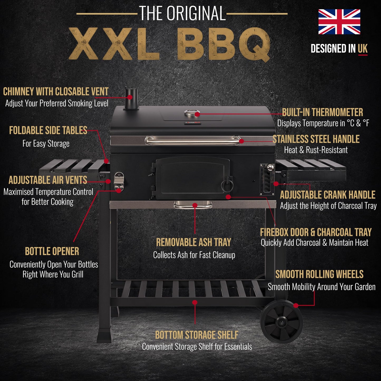 XXL Charcoal Smoker Barbecue with Adjustable Coal Tray & Thermometer