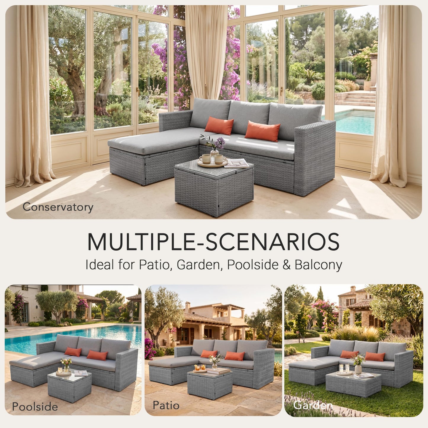 Rattan Garden Lounge Sofa Set with Ottoman & Glass Coffee Table