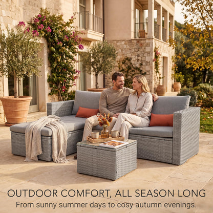 Rattan Garden Lounge Sofa Set with Ottoman & Glass Coffee Table