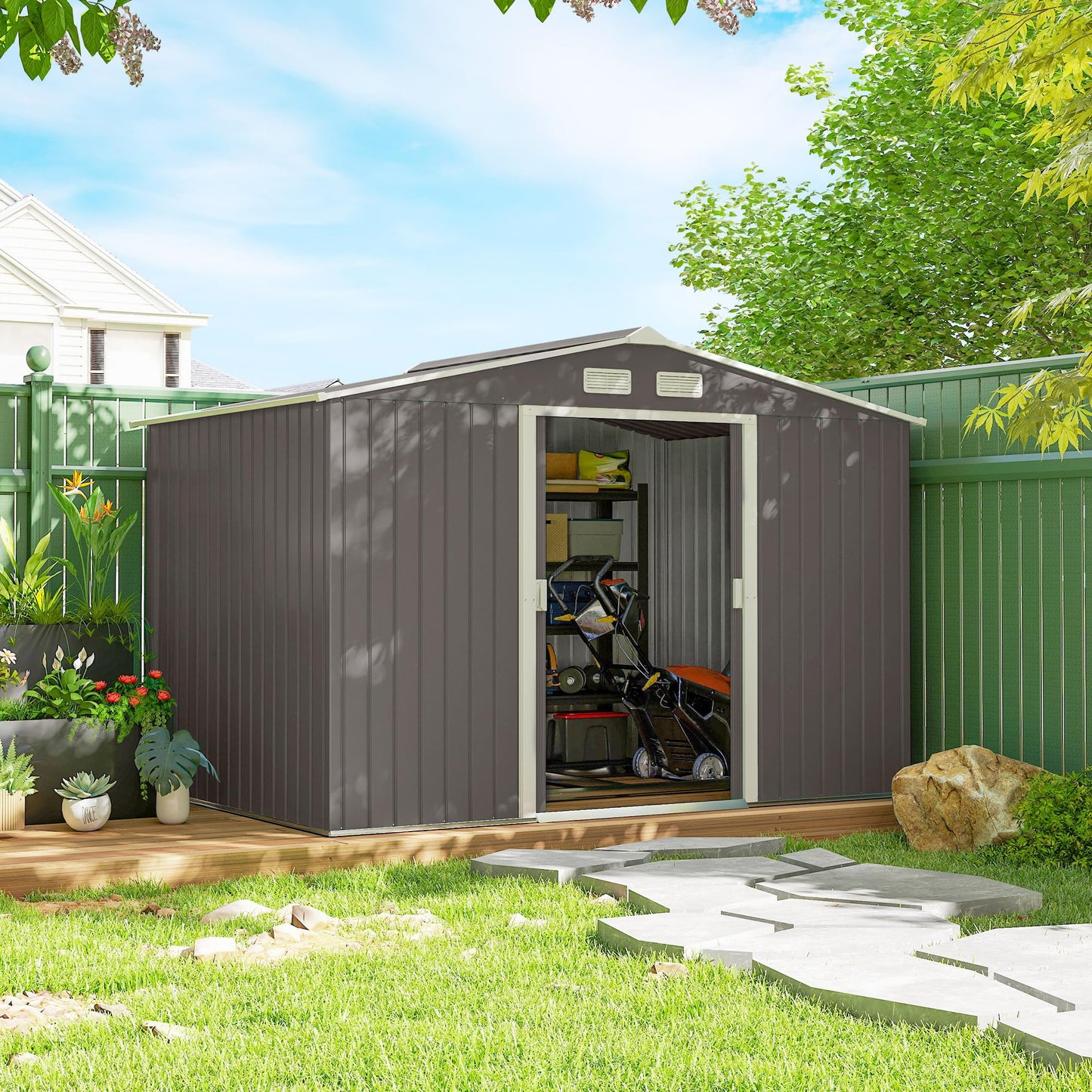 9 x 6ft Galvanised Metal Garden Storage Shed with Double Doors & Foundation Kit