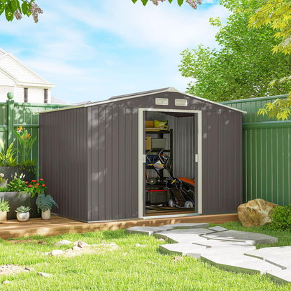 9 x 6ft Galvanised Metal Garden Storage Shed with Double Doors & Foundation Kit