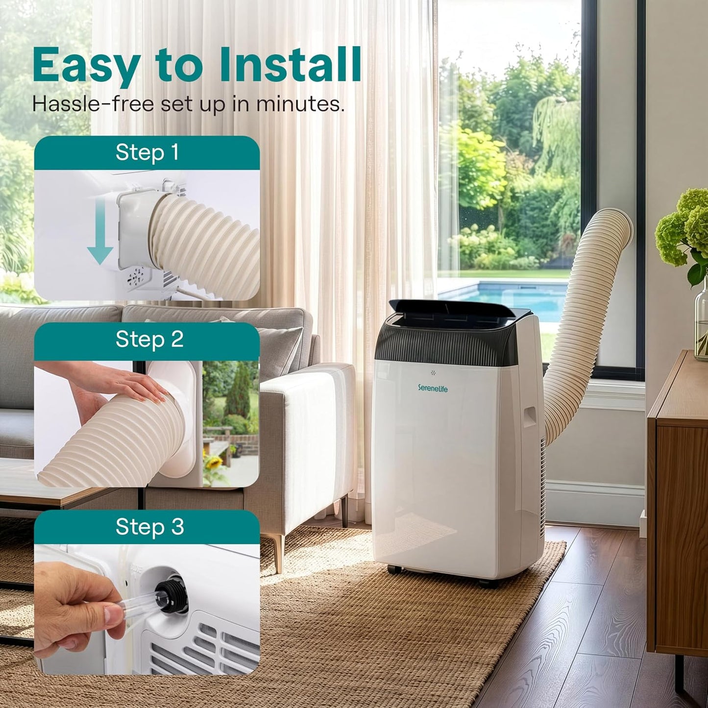 12,000 BTU Smart 3-in-1 Portable Air Conditioner with WiFi — Cooling, Fan & Dehumidifier, Self-Evaporating, Sleep Mode, 24hr Timer, Remote Control