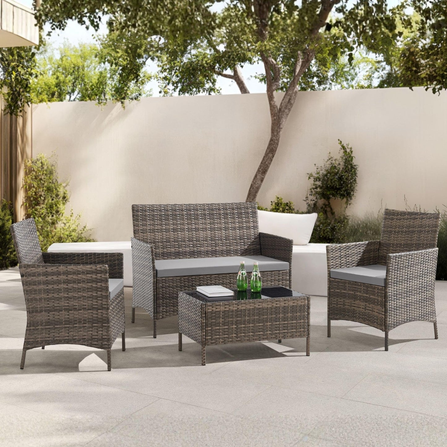 4 Seater Outdoor Rattan Sofa & Chair Set with Tempered Glass Table