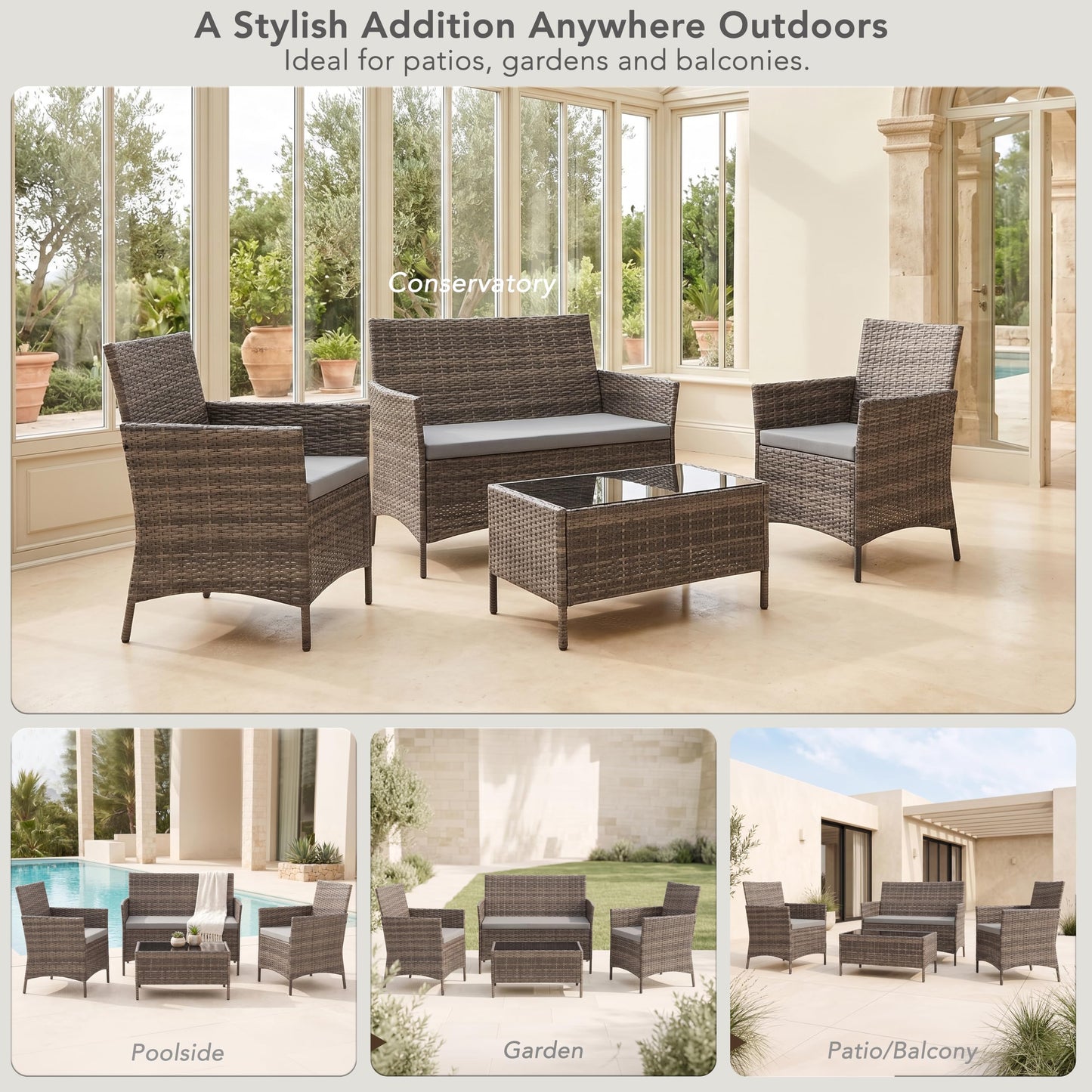4 Seater Outdoor Rattan Sofa & Chair Set with Tempered Glass Table