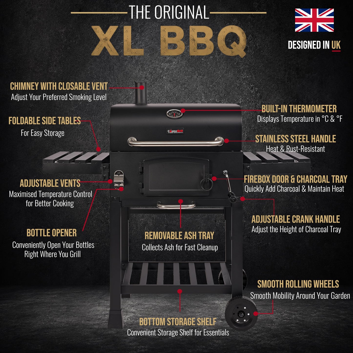 XL Charcoal Smoker Barbecue with Adjustable Coal Tray & Folding Side Tables