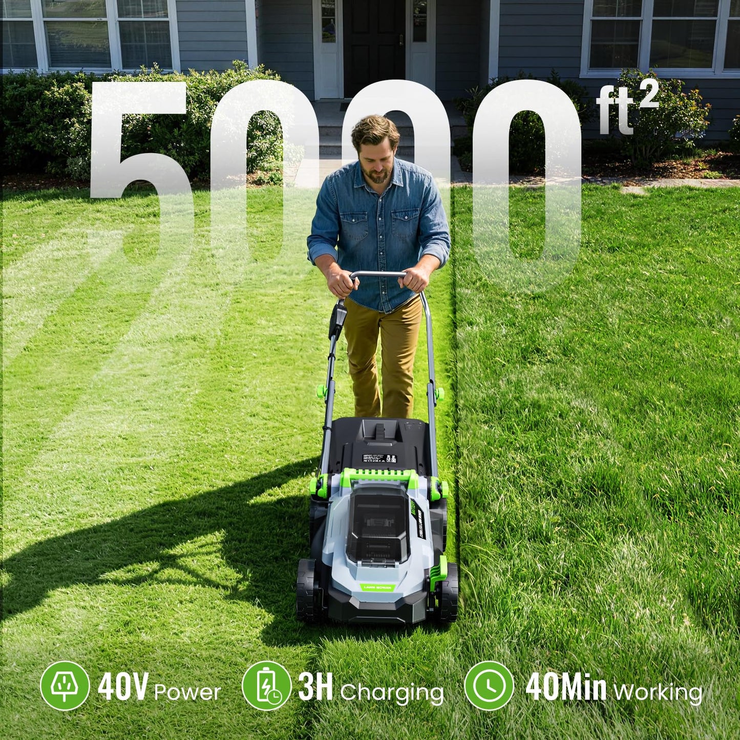 40V Brushless Cordless Lawn Mower with 34cm Cutting Width, 2 Batteries & Charger