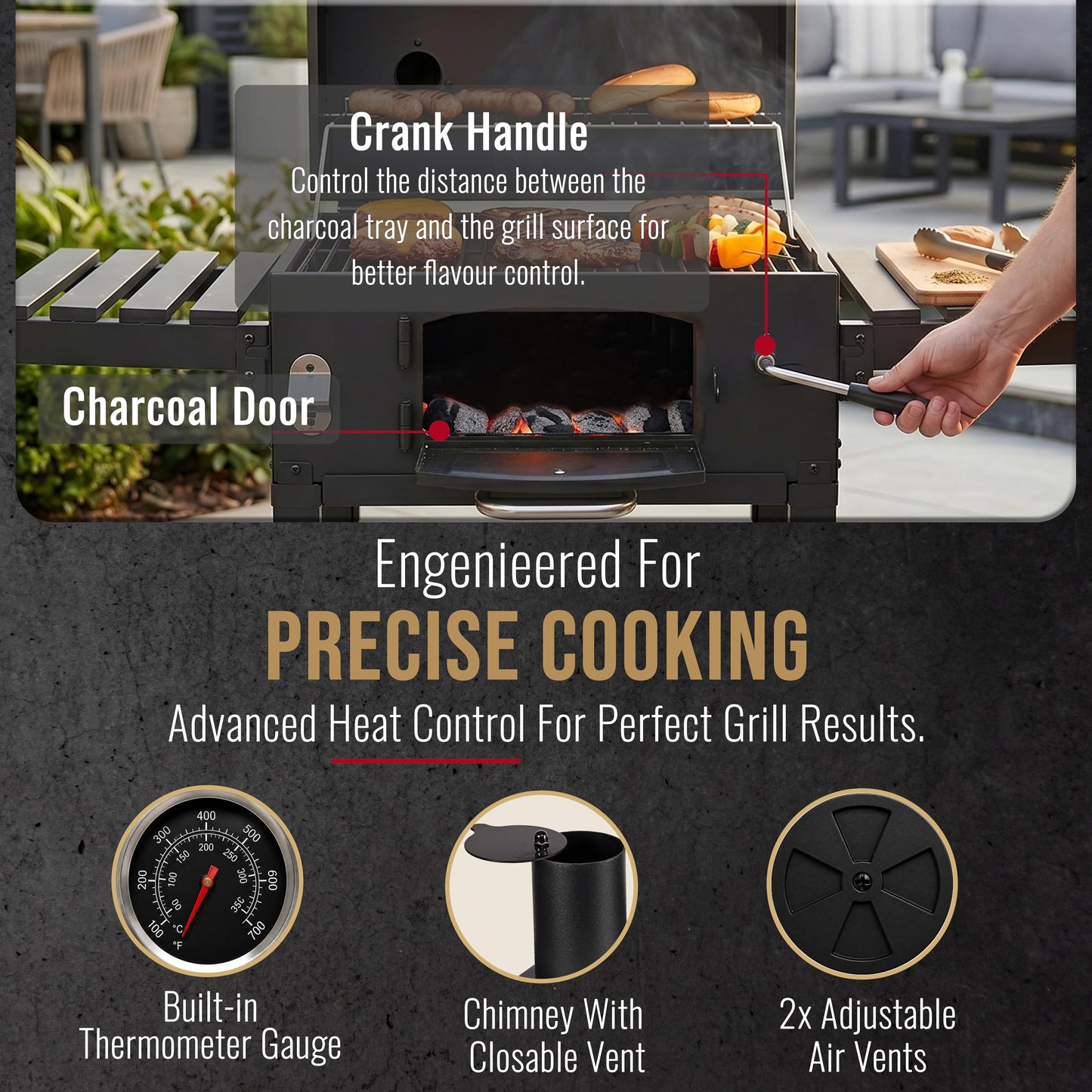 XL Charcoal Smoker Barbecue with Adjustable Coal Tray & Folding Side Tables