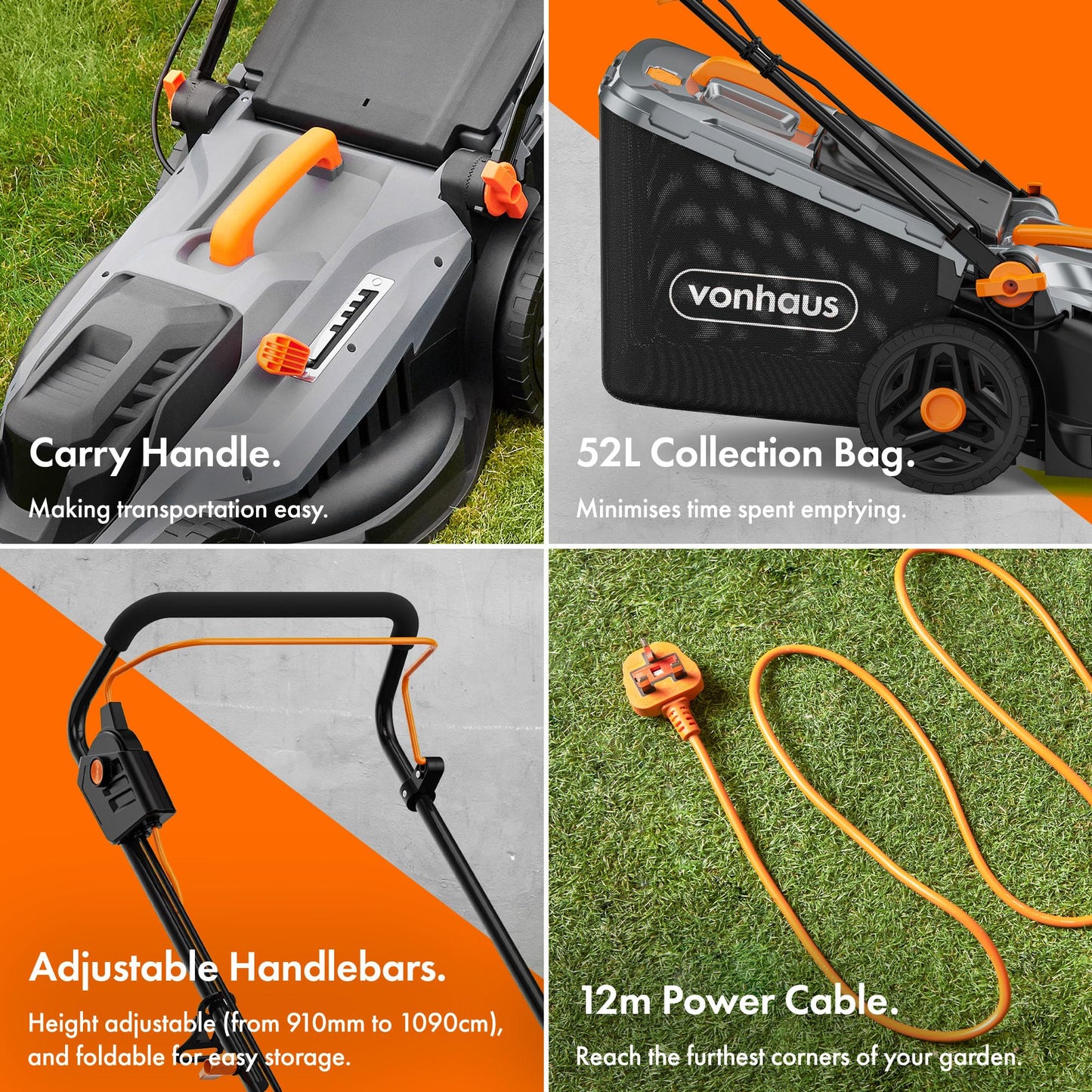 1800W Electric Lawn Mower with 43cm Cutting Width, 52L Grass Box & Mulching Function