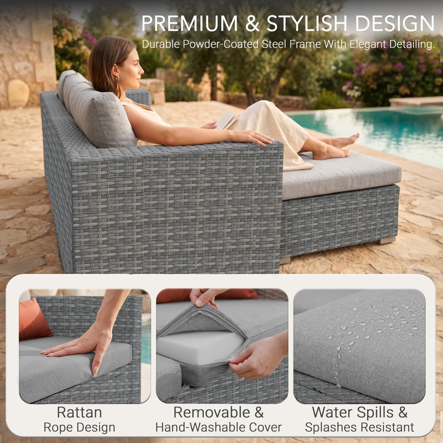 Rattan Garden Lounge Sofa Set with Ottoman & Glass Coffee Table