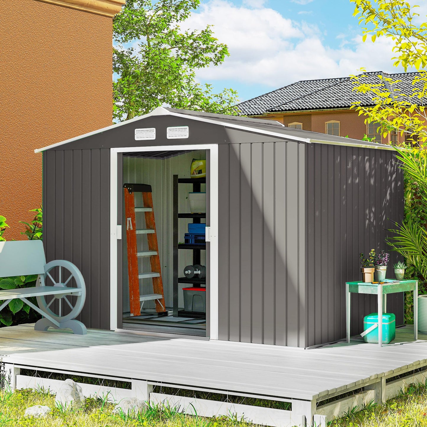 9 x 6ft Galvanised Metal Garden Storage Shed with Double Doors & Foundation Kit