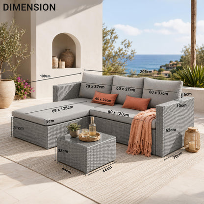 Rattan Garden Lounge Sofa Set with Ottoman & Glass Coffee Table