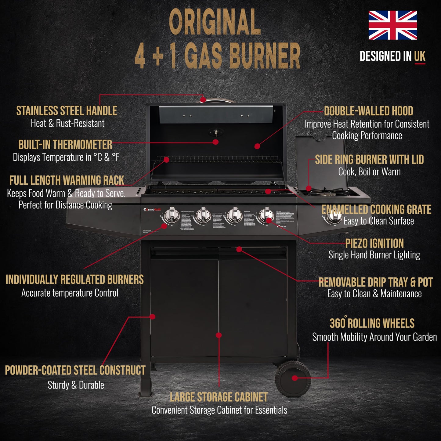 5 Burner Gas Barbecue Grill with Side Burner, Warming Rack & Storage