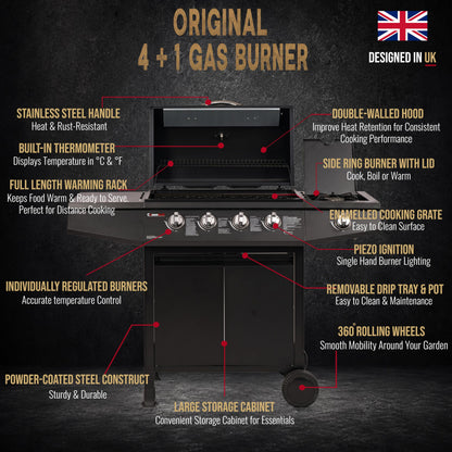 5 Burner Gas Barbecue Grill with Side Burner, Warming Rack & Storage