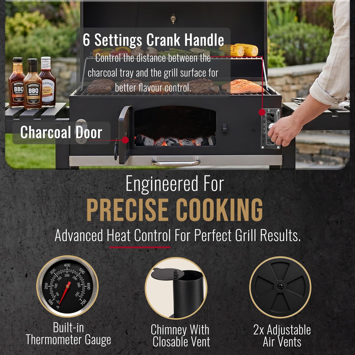 XXL Charcoal Smoker Barbecue with Adjustable Coal Tray & Thermometer