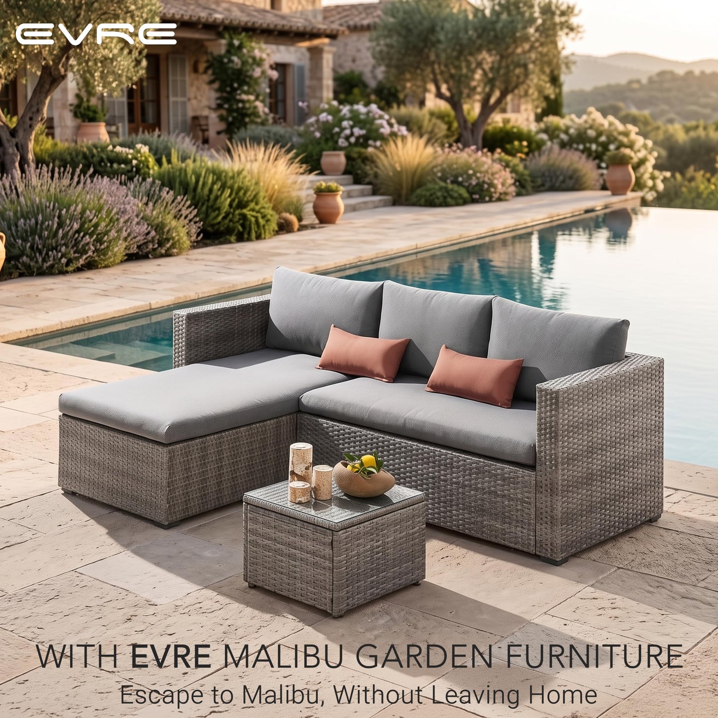 Rattan Garden Lounge Sofa Set with Ottoman & Glass Coffee Table