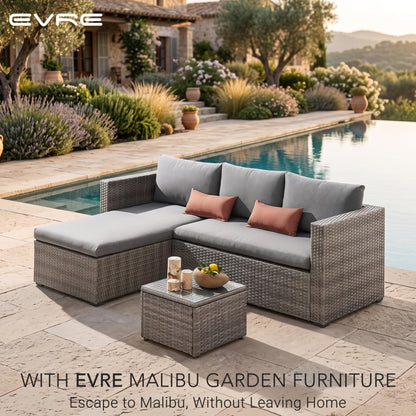 Rattan Garden Lounge Sofa Set with Ottoman & Glass Coffee Table