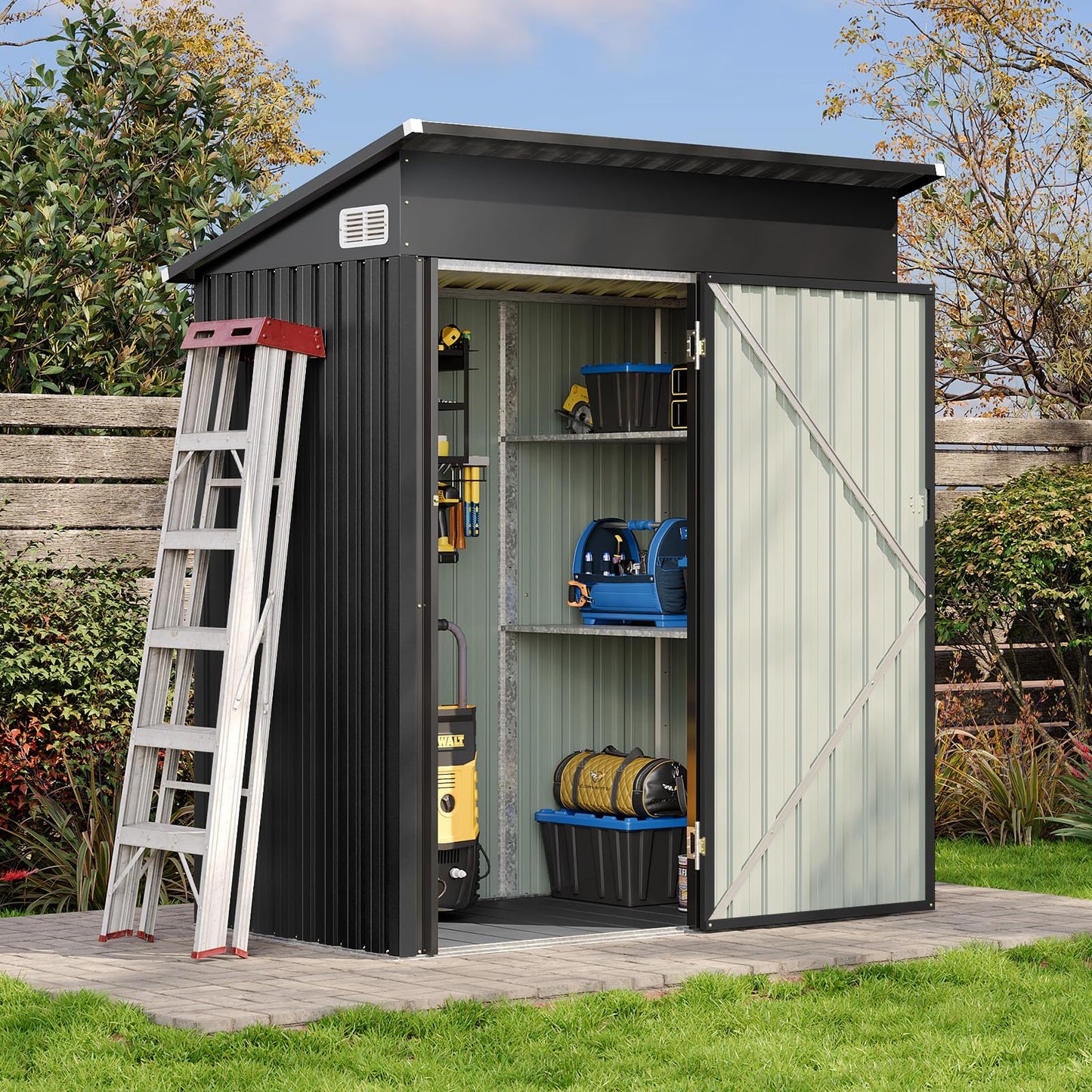 5 x 3ft Galvanised Metal Garden Storage Shed with Floor & Adjustable Shelves