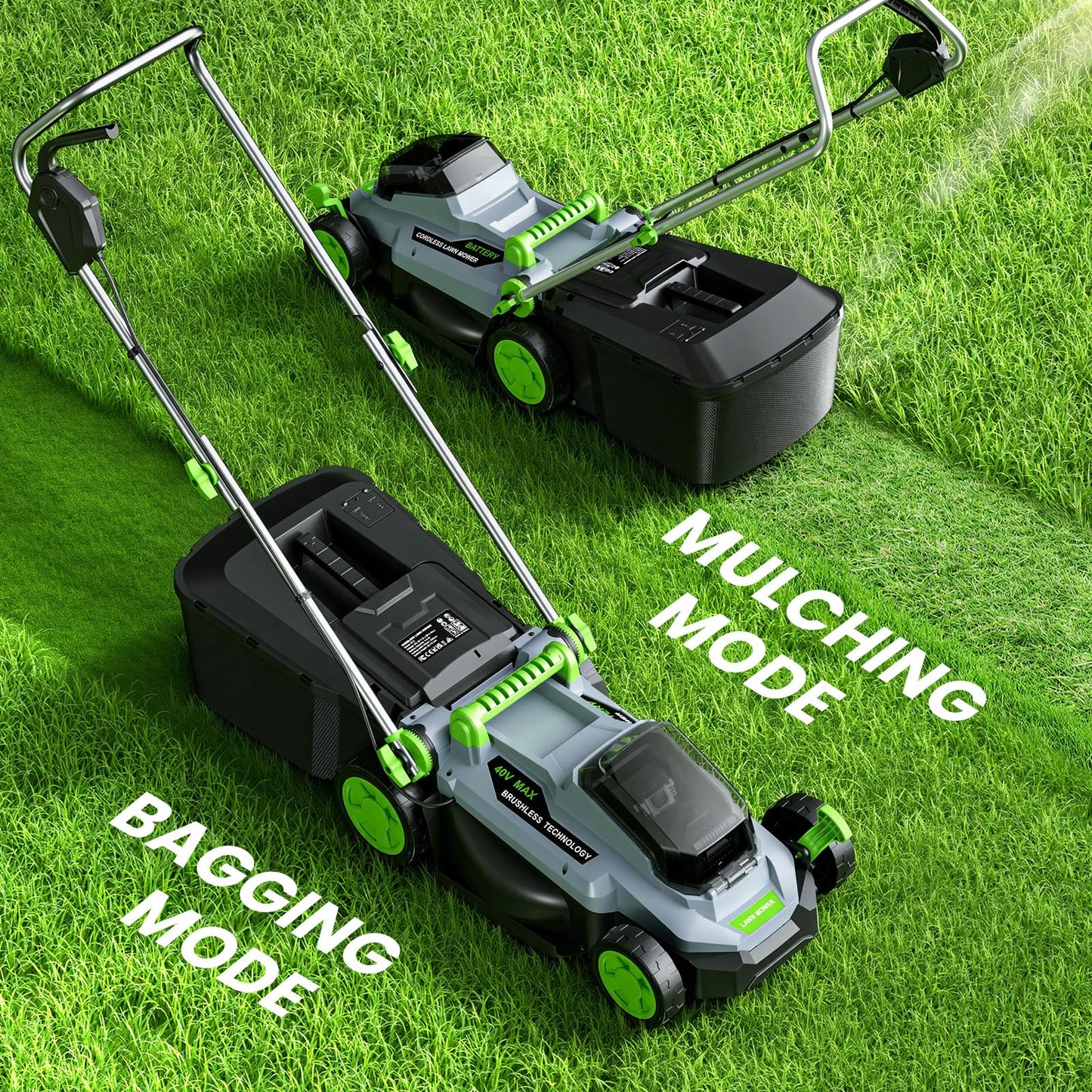 40V Brushless Cordless Lawn Mower with 34cm Cutting Width, 2 Batteries & Charger