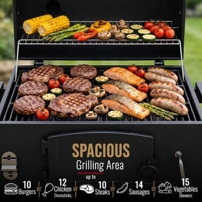 XL Charcoal Smoker Barbecue with Adjustable Coal Tray & Folding Side Tables