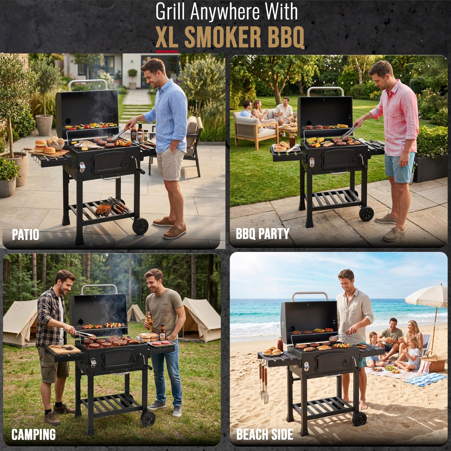 XL Charcoal Smoker Barbecue with Adjustable Coal Tray & Folding Side Tables