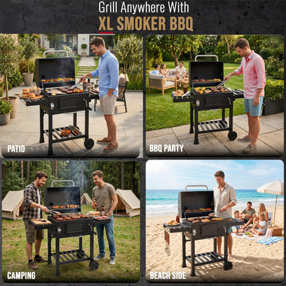 XL Charcoal Smoker Barbecue with Adjustable Coal Tray & Folding Side Tables
