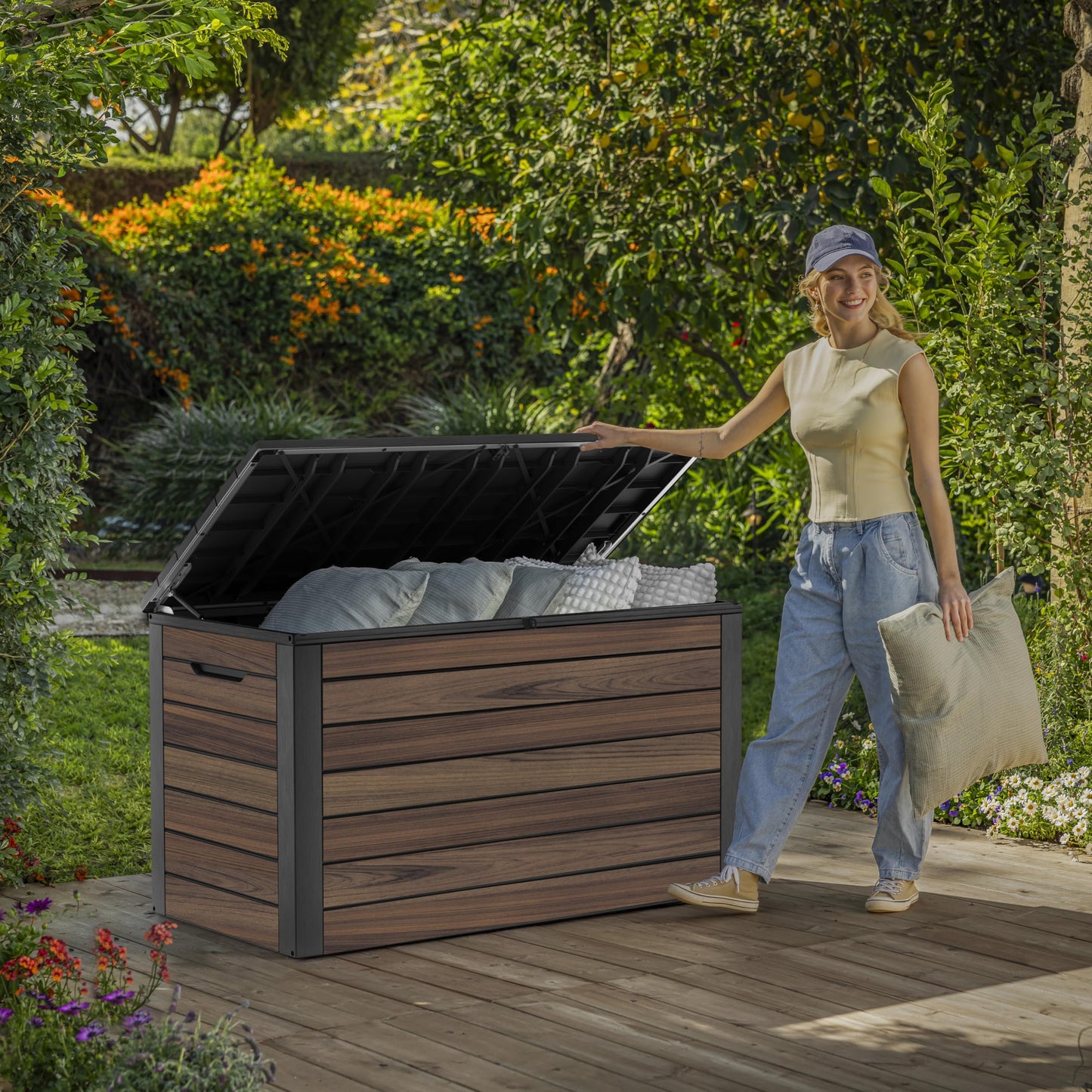 575L Outdoor Garden Storage Box with Wood Effect Finish & Seating