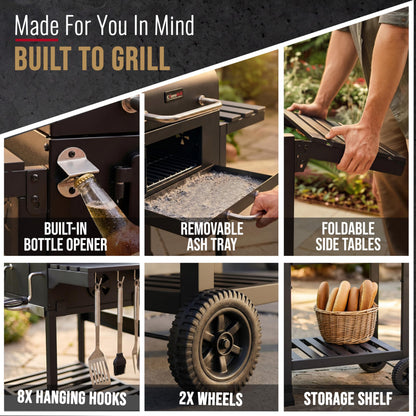 XL Charcoal Smoker Barbecue with Adjustable Coal Tray & Folding Side Tables