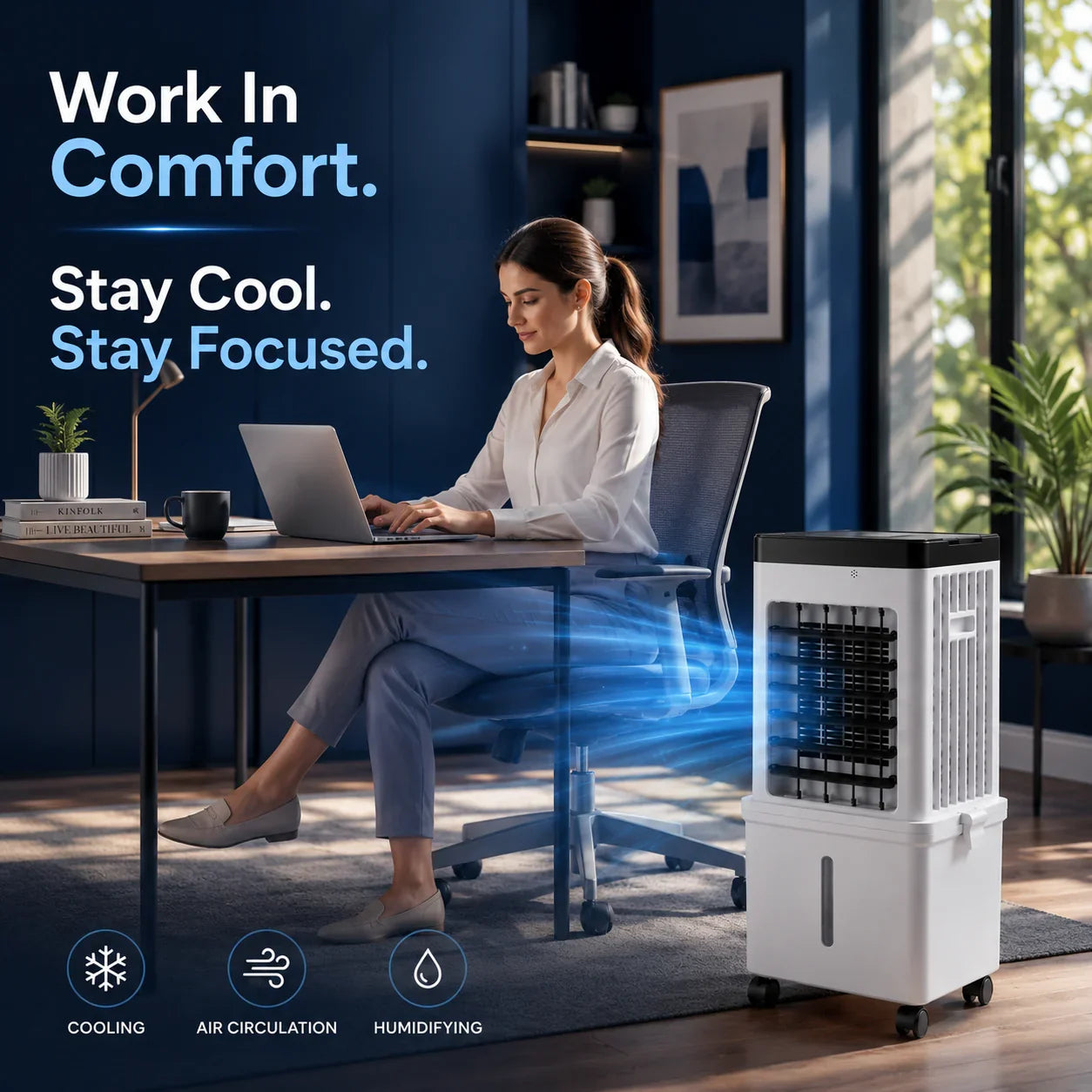 4-in-1 Evaporative Air Cooler with 15L Removable Water Tank — 3 Speeds, 3 Wind Modes, 120° Oscillation, 12hr Timer, Remote Control, 2 Ice Packs